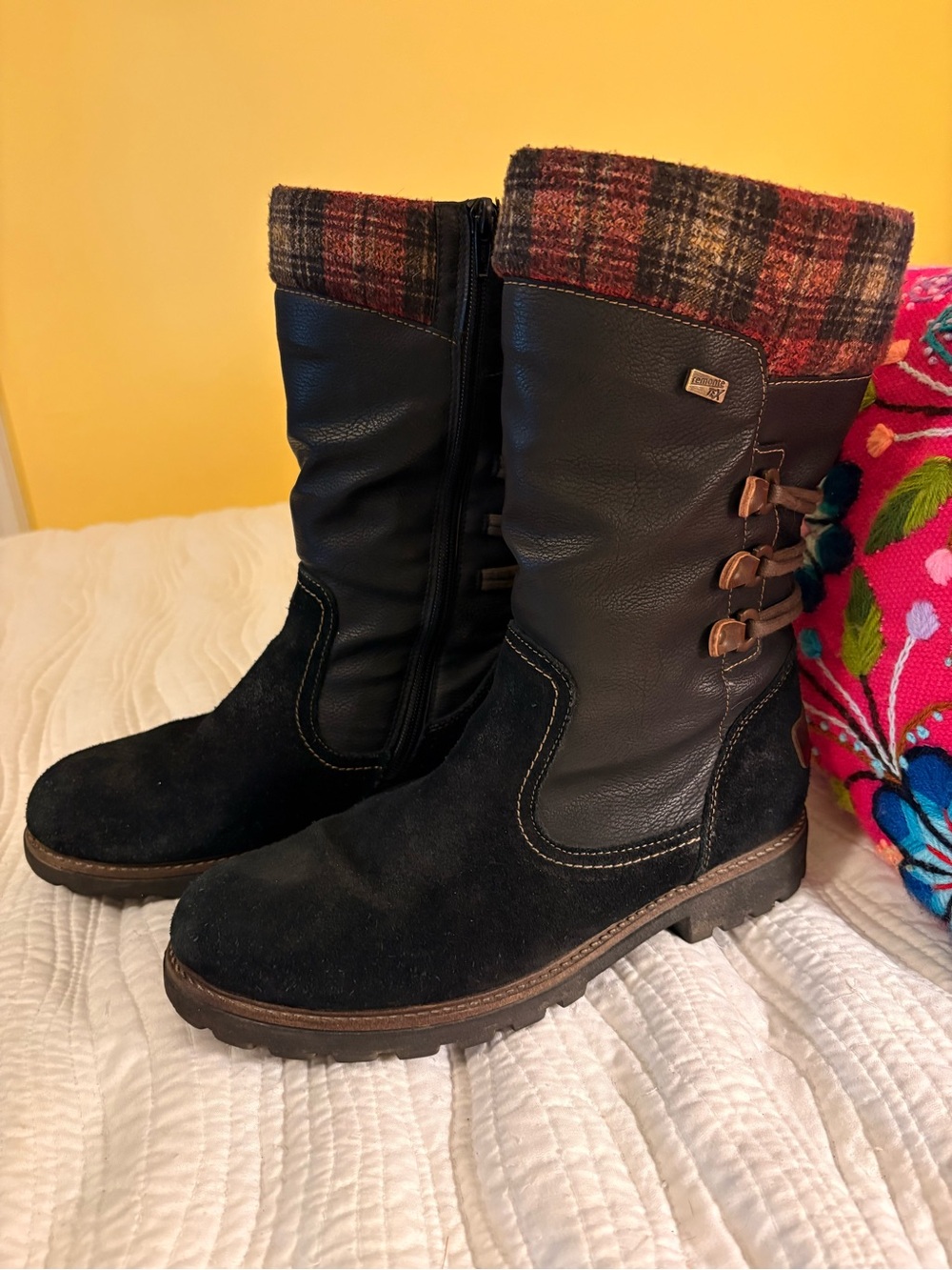 Remonte Black Mid-Calf Boots with Plaid Cuff Detail
